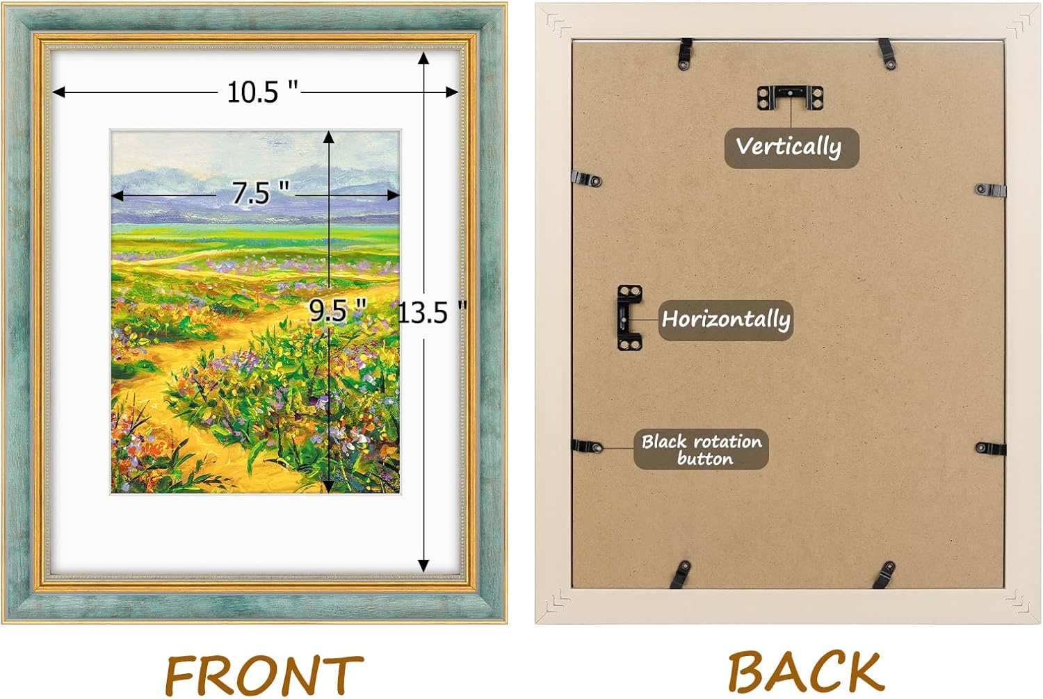 image:imageGolden State Art8x10 Ornate Picture Frame Holds 5x7 PhotoVintage Gold  Includes easel backreal glass frontwhite matbuildin hangers8x10 Decorative photo frame matted to 5x7Desktopwall mountDistressed Blue Gold