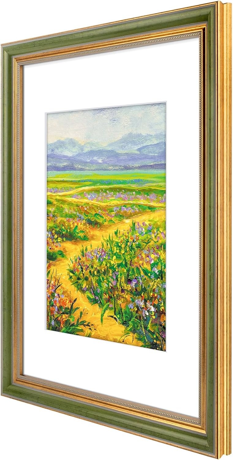 image:imageGolden State Art8x10 Ornate Picture Frame Holds 5x7 PhotoVintage Gold  Includes easel backreal glass frontwhite matbuildin hangers8x10 Decorative photo frame matted to 5x7Desktopwall mountGreen Gold