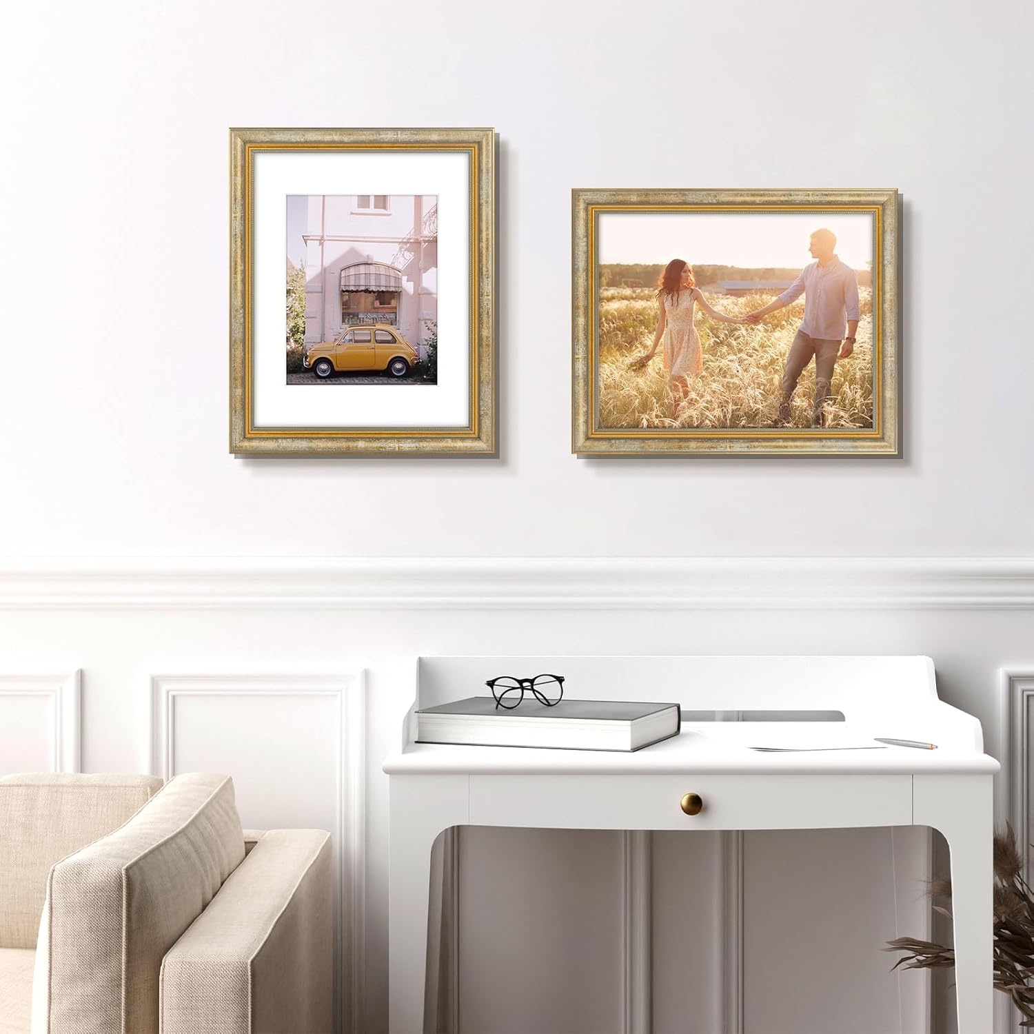 image:imageGolden State Art8x10 Ornate Picture Frame Holds 5x7 PhotoVintage Gold  Includes easel backreal glass frontwhite matbuildin hangers8x10 Decorative photo frame matted to 5x7Desktopwall mountVintage Gold