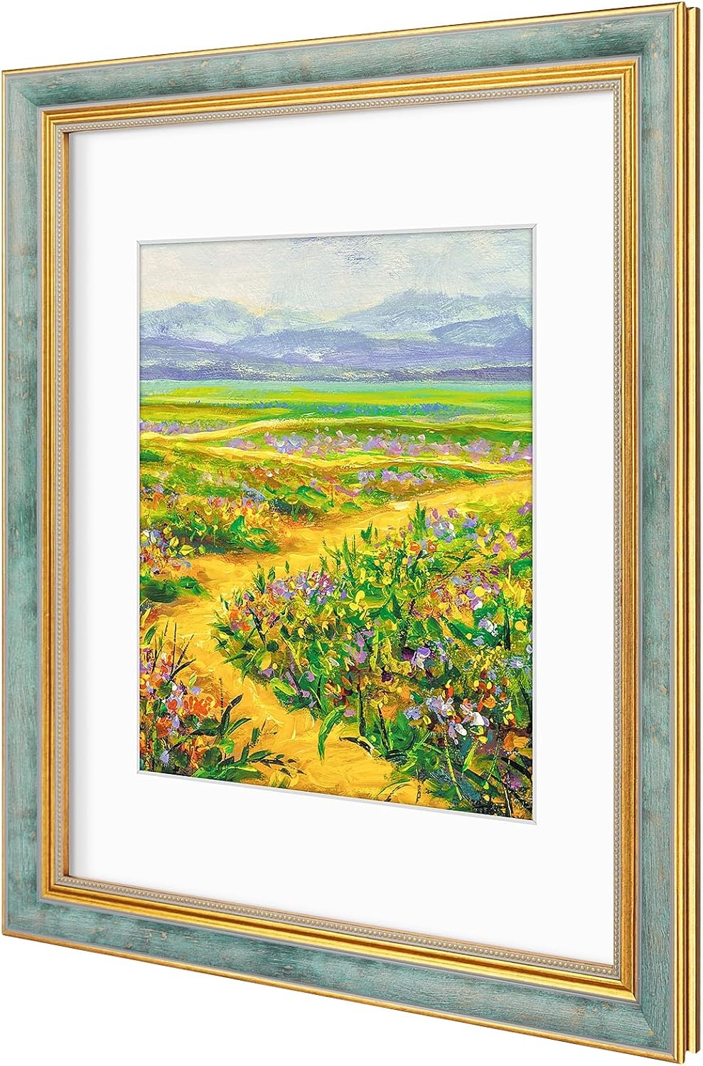 image:imageGolden State Art8x10 Ornate Picture Frame Holds 5x7 PhotoVintage Gold  Includes easel backreal glass frontwhite matbuildin hangers8x10 Decorative photo frame matted to 5x7Desktopwall mountDistressed Blue Gold