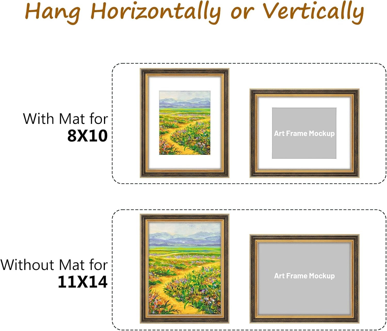 image:imageGolden State Art8x10 Ornate Picture Frame Holds 5x7 PhotoVintage Gold  Includes easel backreal glass frontwhite matbuildin hangers8x10 Decorative photo frame matted to 5x7Desktopwall mountBlack Gold