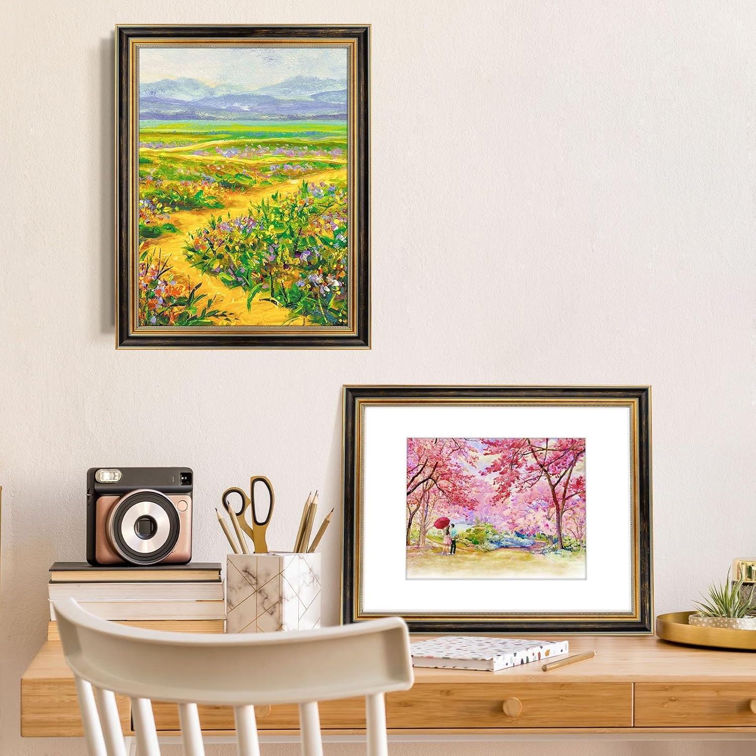 image:imageGolden State Art8x10 Ornate Picture Frame Holds 5x7 PhotoVintage Gold  Includes easel backreal glass frontwhite matbuildin hangers8x10 Decorative photo frame matted to 5x7Desktopwall mountBlack Gold