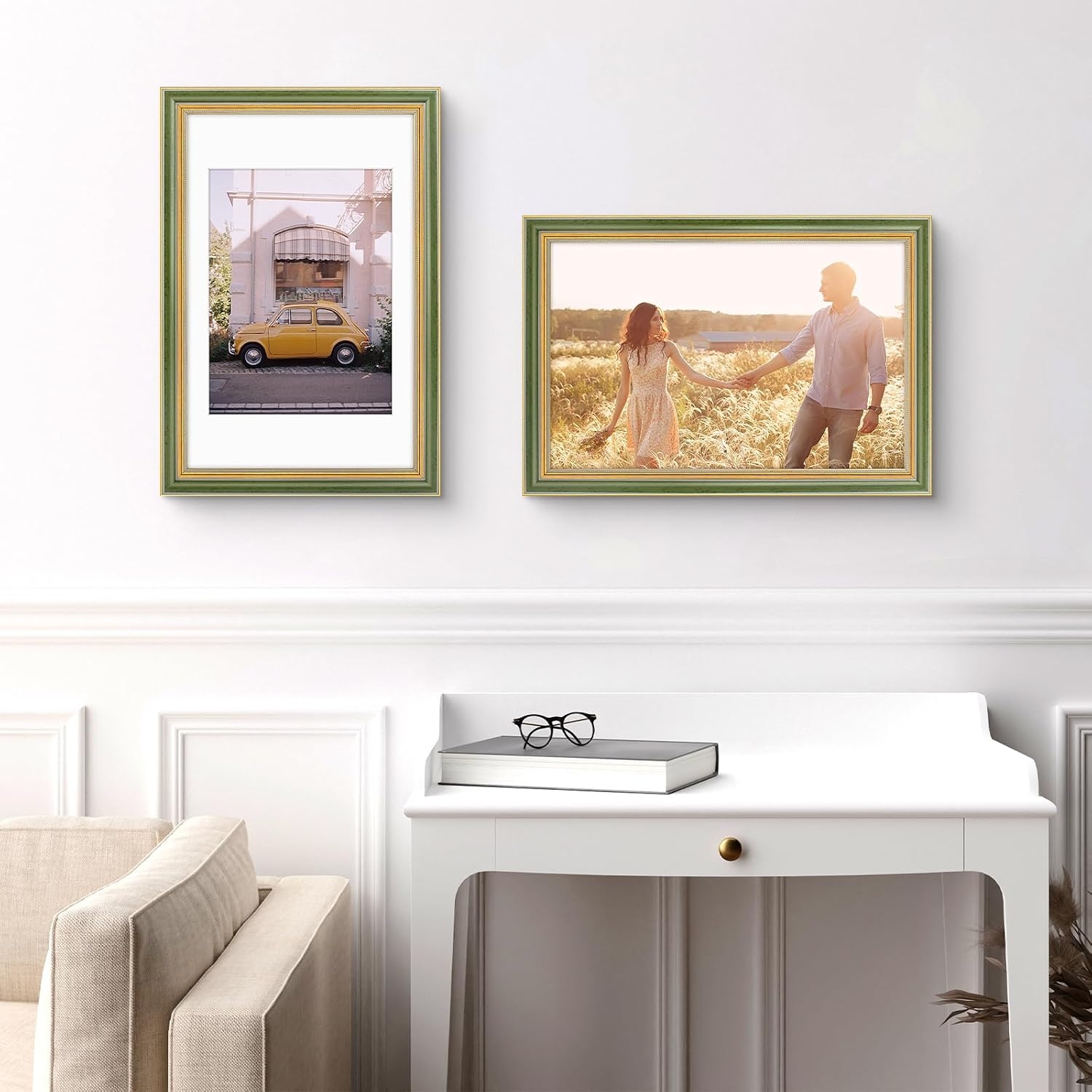 image:imageGolden State Art8x10 Ornate Picture Frame Holds 5x7 PhotoVintage Gold  Includes easel backreal glass frontwhite matbuildin hangers8x10 Decorative photo frame matted to 5x7Desktopwall mountGreen Gold