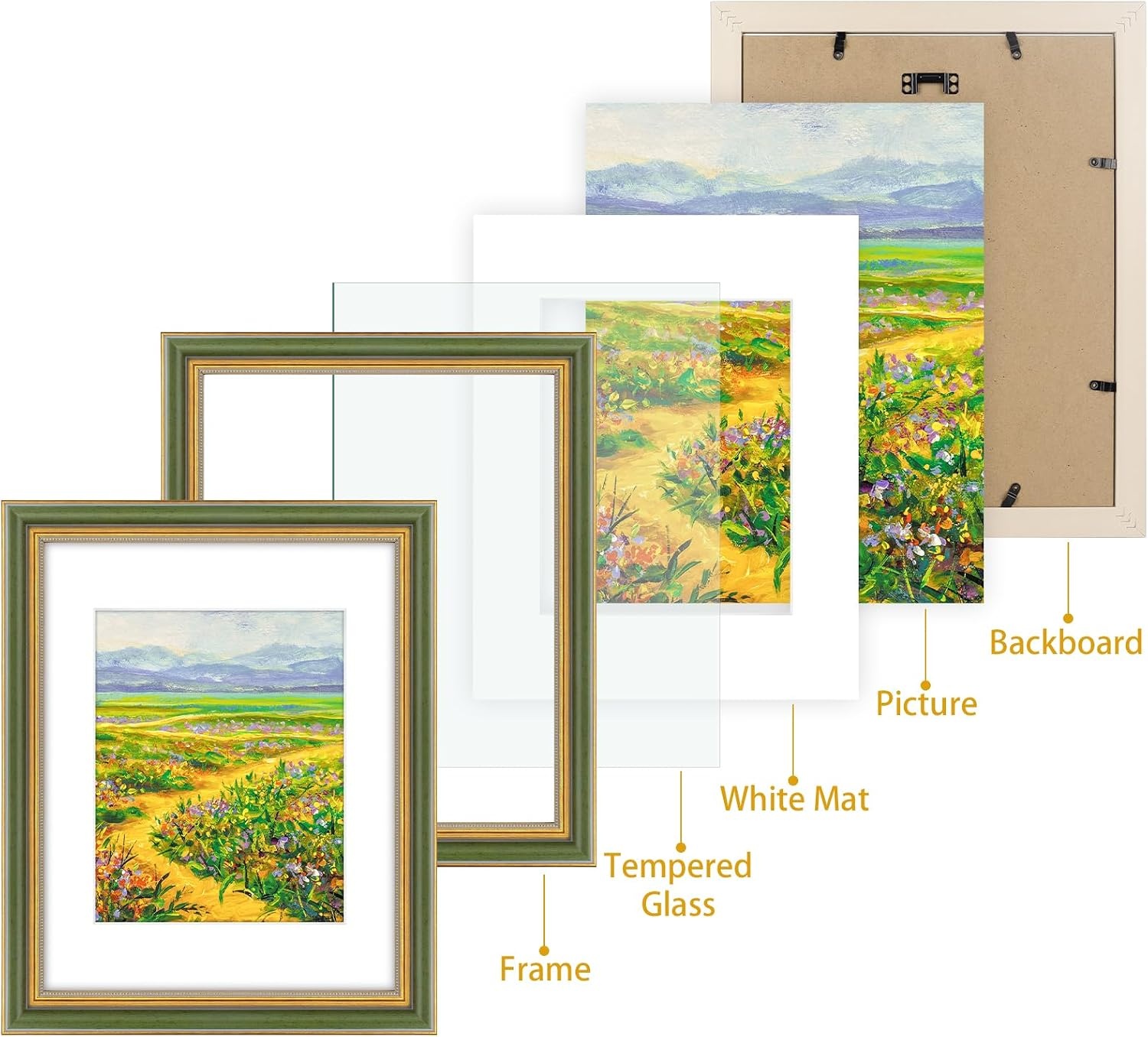 image:imageGolden State Art8x10 Ornate Picture Frame Holds 5x7 PhotoVintage Gold  Includes easel backreal glass frontwhite matbuildin hangers8x10 Decorative photo frame matted to 5x7Desktopwall mountGreen Gold