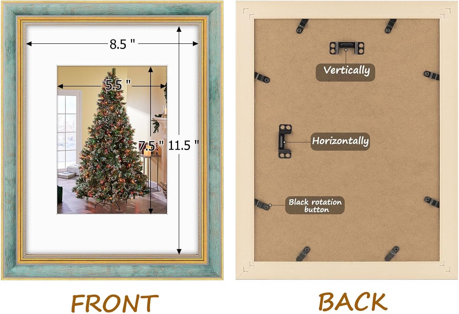 image:imageGolden State Art8x10 Ornate Picture Frame Holds 5x7 PhotoVintage Gold  Includes easel backreal glass frontwhite matbuildin hangers8x10 Decorative photo frame matted to 5x7Desktopwall mountDistressed Blue Gold