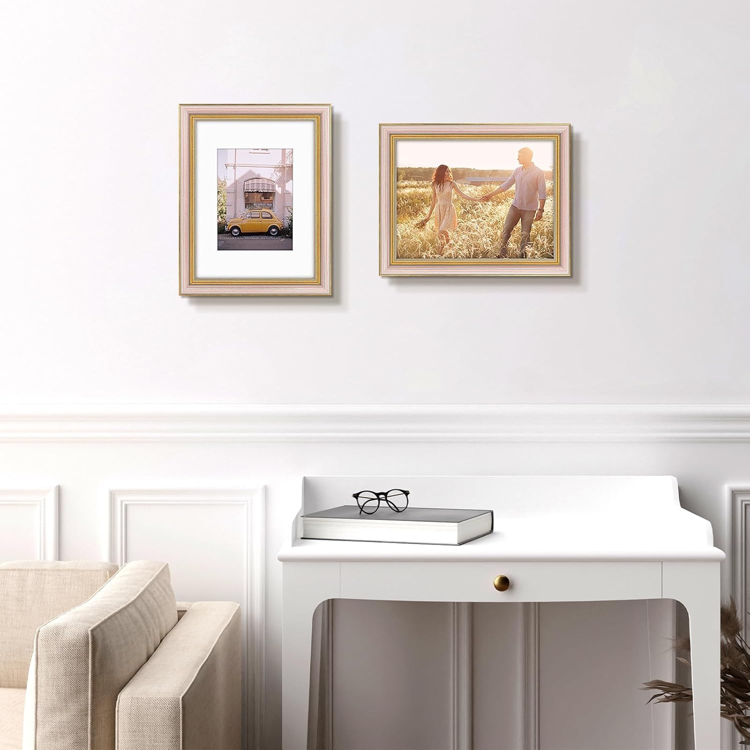 image:imageGolden State Art8x10 Ornate Picture Frame Holds 5x7 PhotoVintage Gold  Includes easel backreal glass frontwhite matbuildin hangers8x10 Decorative photo frame matted to 5x7Desktopwall mountPurple Gold