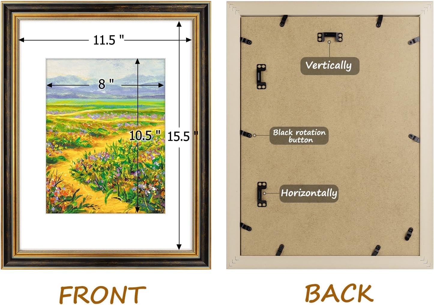 image:imageGolden State Art8x10 Ornate Picture Frame Holds 5x7 PhotoVintage Gold  Includes easel backreal glass frontwhite matbuildin hangers8x10 Decorative photo frame matted to 5x7Desktopwall mountBlack Gold