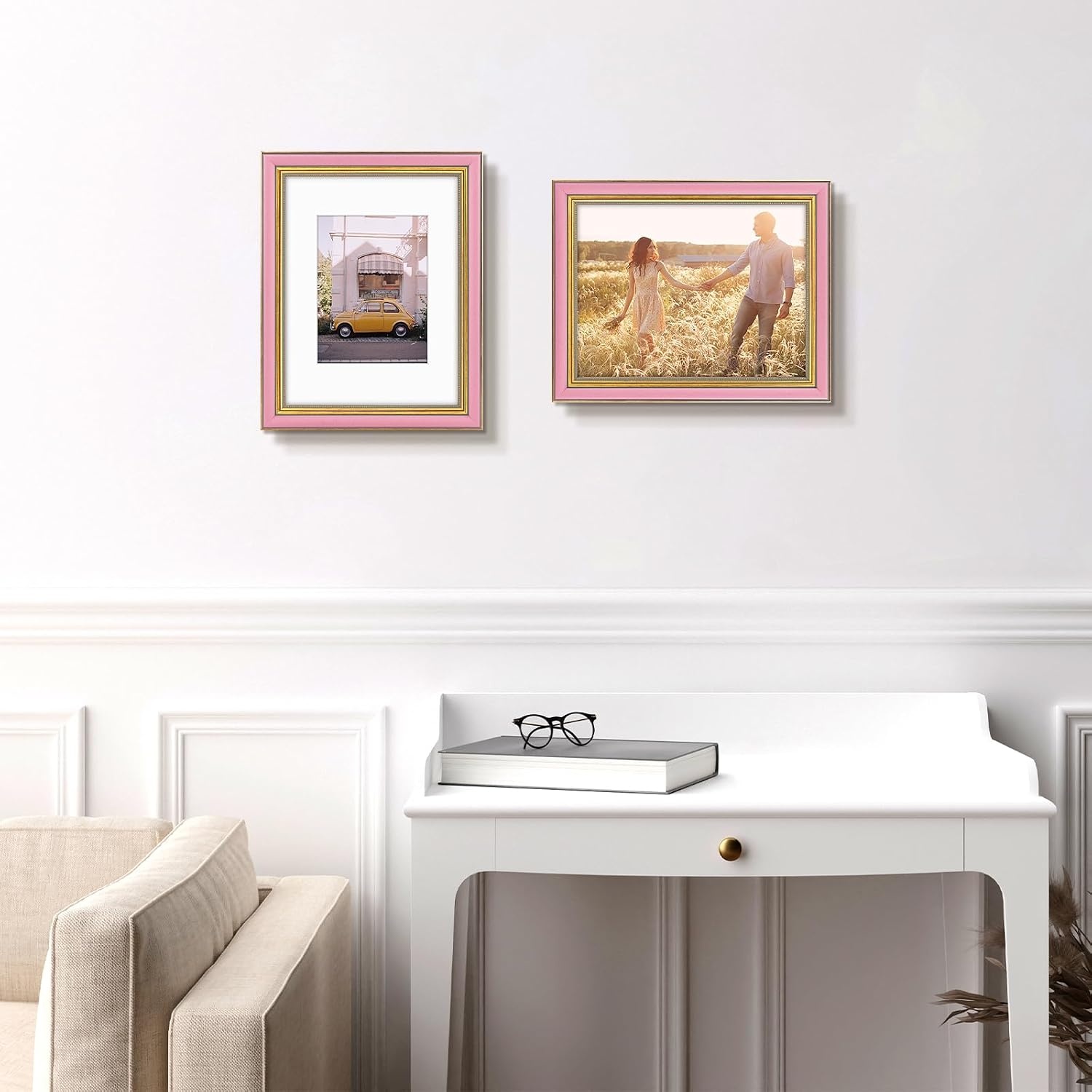image:imageGolden State Art8x10 Ornate Picture Frame Holds 5x7 PhotoVintage Gold  Includes easel backreal glass frontwhite matbuildin hangers8x10 Decorative photo frame matted to 5x7Desktopwall mountPink Gold