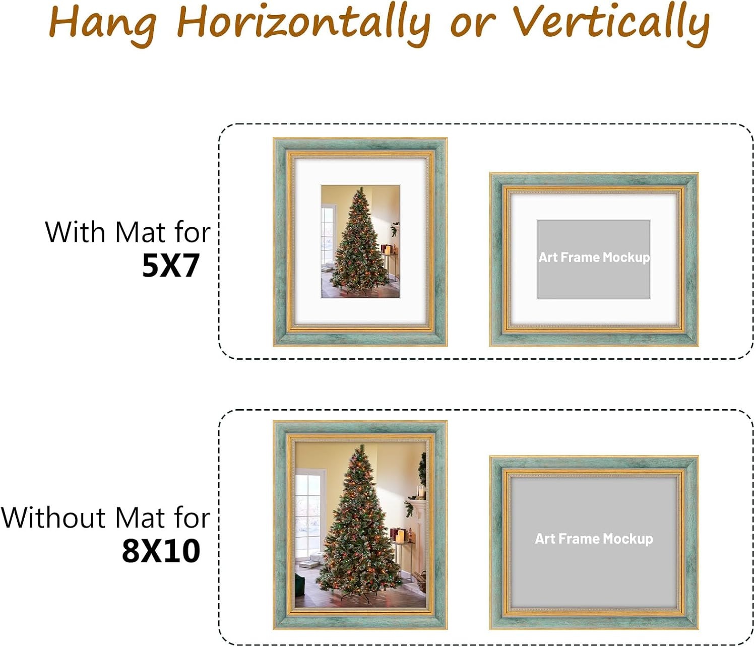 image:imageGolden State Art8x10 Ornate Picture Frame Holds 5x7 PhotoVintage Gold  Includes easel backreal glass frontwhite matbuildin hangers8x10 Decorative photo frame matted to 5x7Desktopwall mountDistressed Blue Gold
