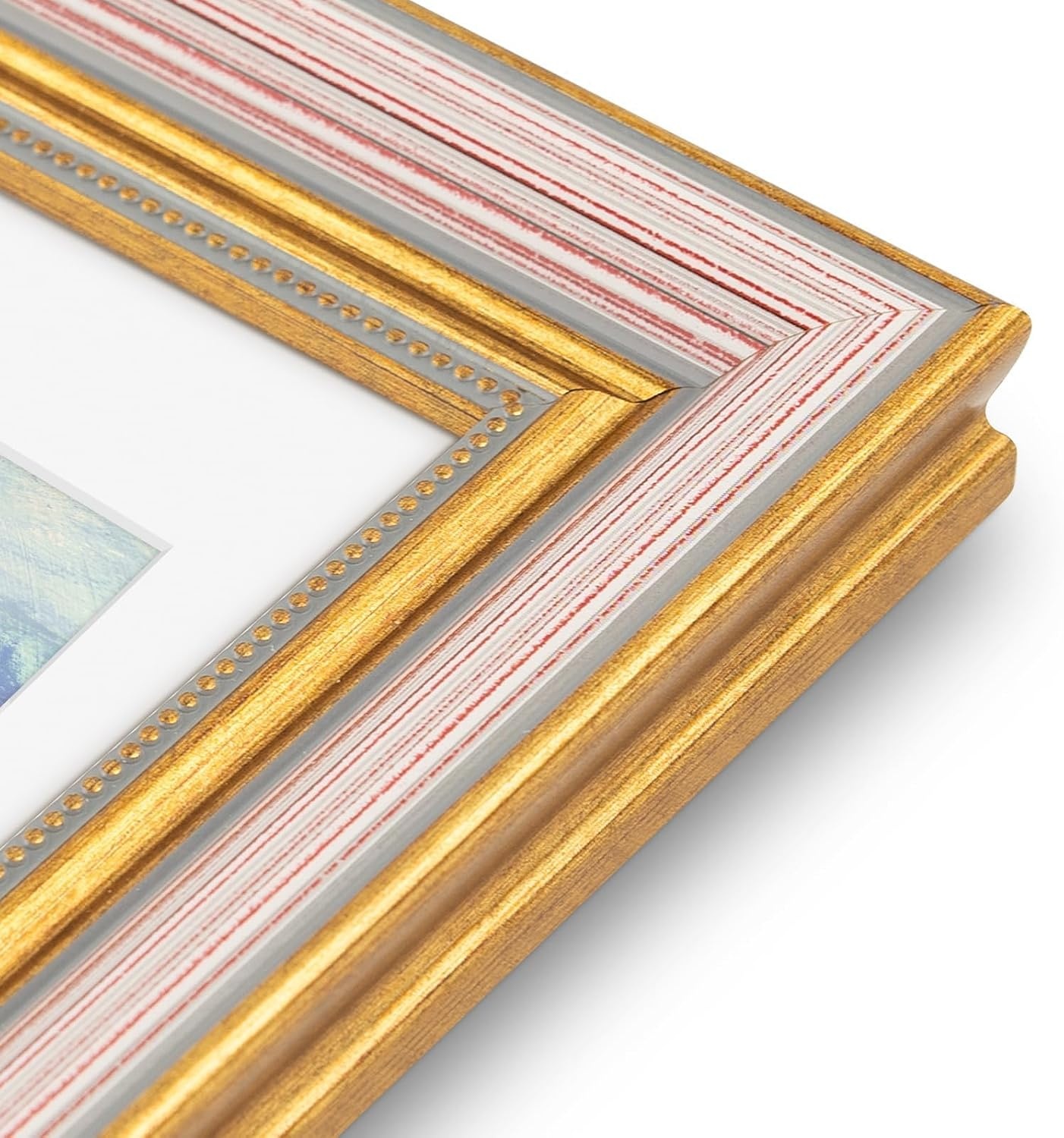 image:imageGolden State Art8x10 Ornate Picture Frame Holds 5x7 PhotoVintage Gold  Includes easel backreal glass frontwhite matbuildin hangers8x10 Decorative photo frame matted to 5x7Desktopwall mountPurple Gold