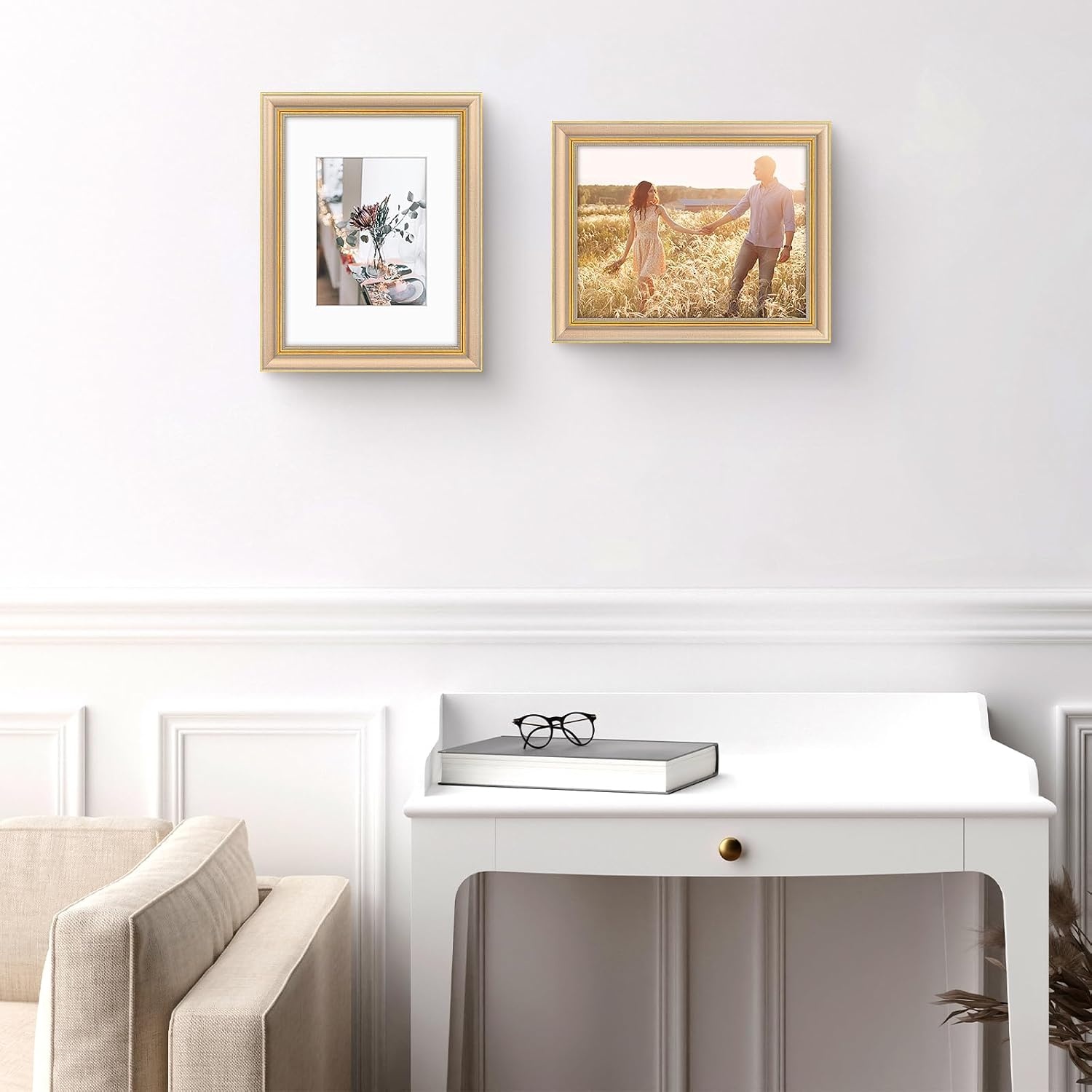 image:imageGolden State Art8x10 Ornate Picture Frame Holds 5x7 PhotoVintage Gold  Includes easel backreal glass frontwhite matbuildin hangers8x10 Decorative photo frame matted to 5x7Desktopwall mountChampagne Gold