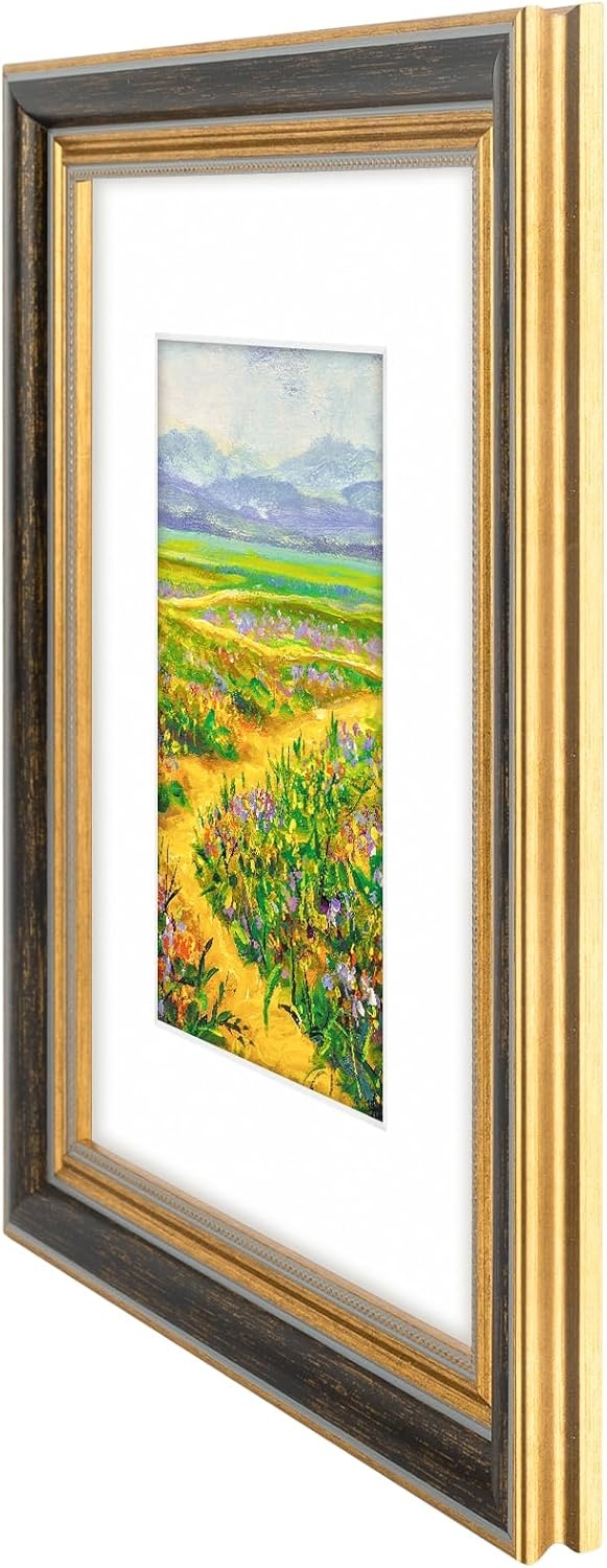 image:imageGolden State Art8x10 Ornate Picture Frame Holds 5x7 PhotoVintage Gold  Includes easel backreal glass frontwhite matbuildin hangers8x10 Decorative photo frame matted to 5x7Desktopwall mountBlack Gold