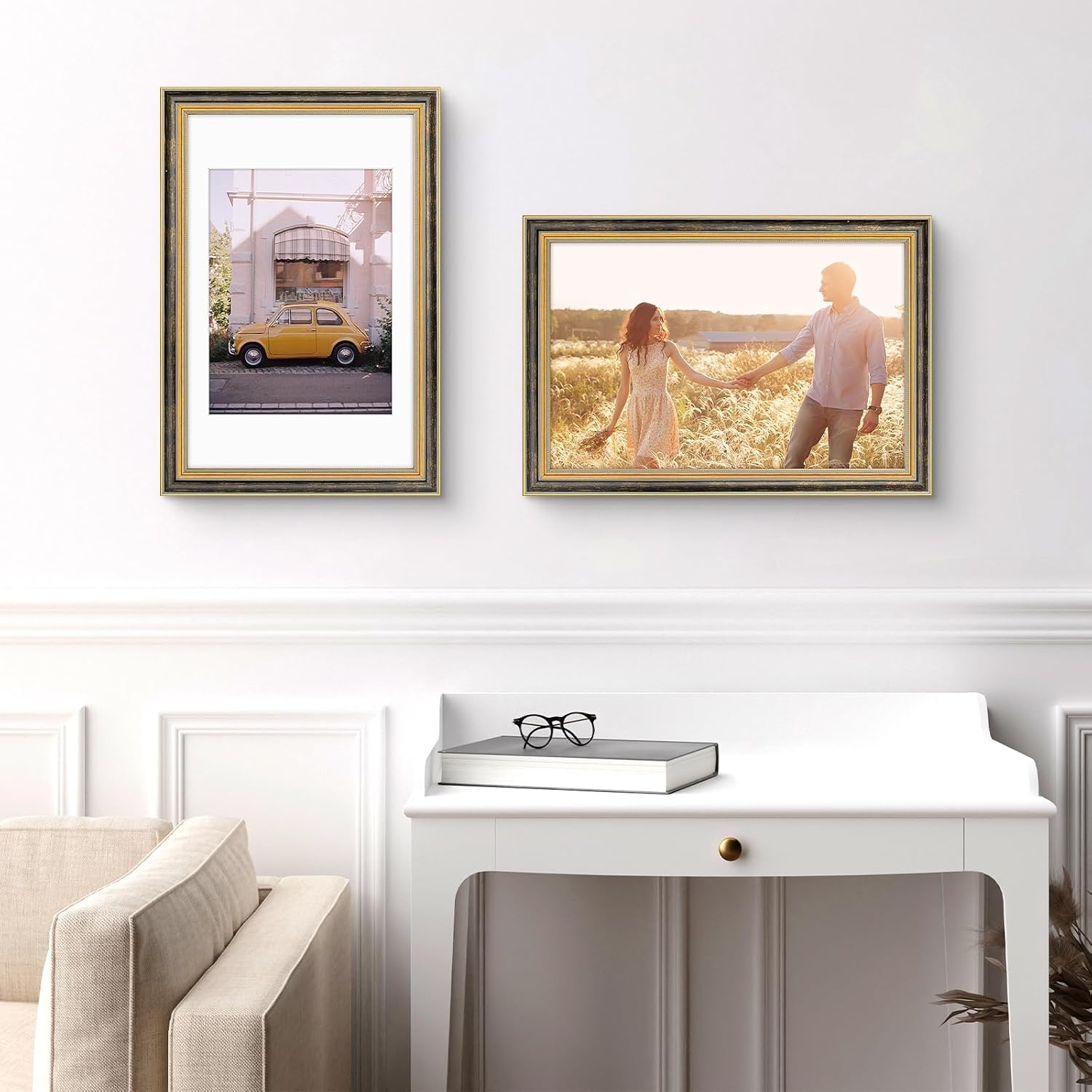 image:imageGolden State Art8x10 Ornate Picture Frame Holds 5x7 PhotoVintage Gold  Includes easel backreal glass frontwhite matbuildin hangers8x10 Decorative photo frame matted to 5x7Desktopwall mountBlack Gold