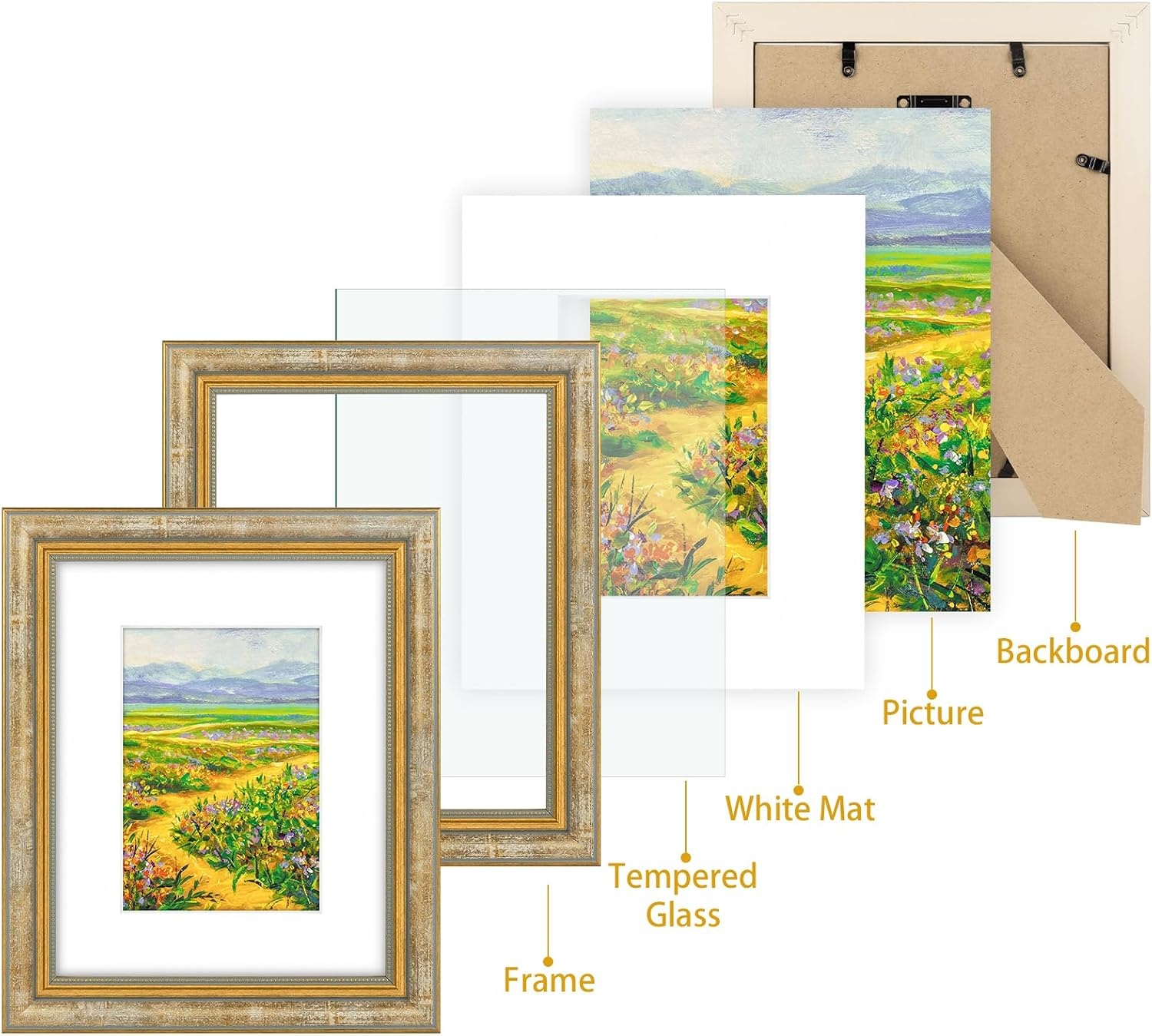 image:imageGolden State Art8x10 Ornate Picture Frame Holds 5x7 PhotoVintage Gold  Includes easel backreal glass frontwhite matbuildin hangers8x10 Decorative photo frame matted to 5x7Desktopwall mountVintage Gold