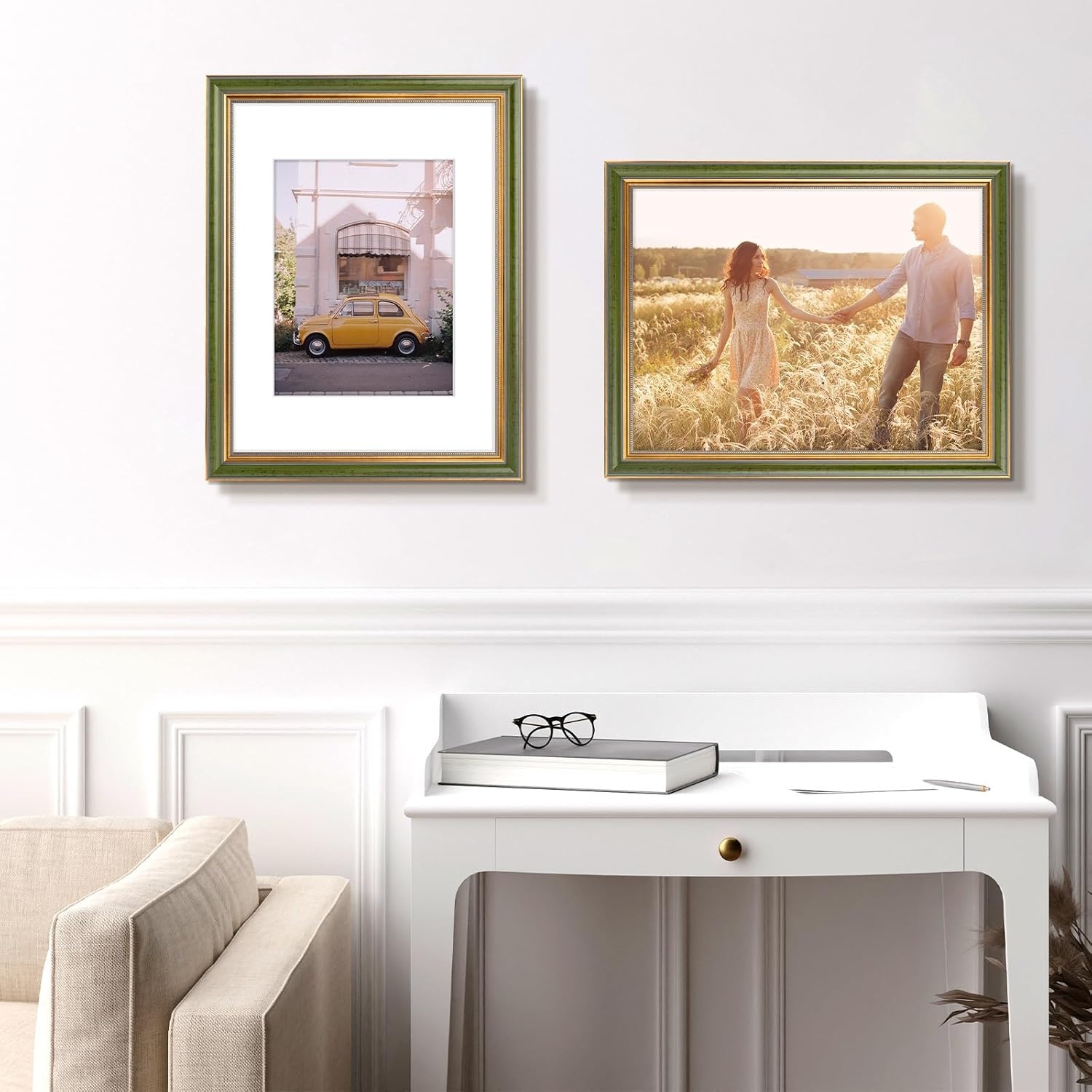 image:imageGolden State Art8x10 Ornate Picture Frame Holds 5x7 PhotoVintage Gold  Includes easel backreal glass frontwhite matbuildin hangers8x10 Decorative photo frame matted to 5x7Desktopwall mountGreen Gold