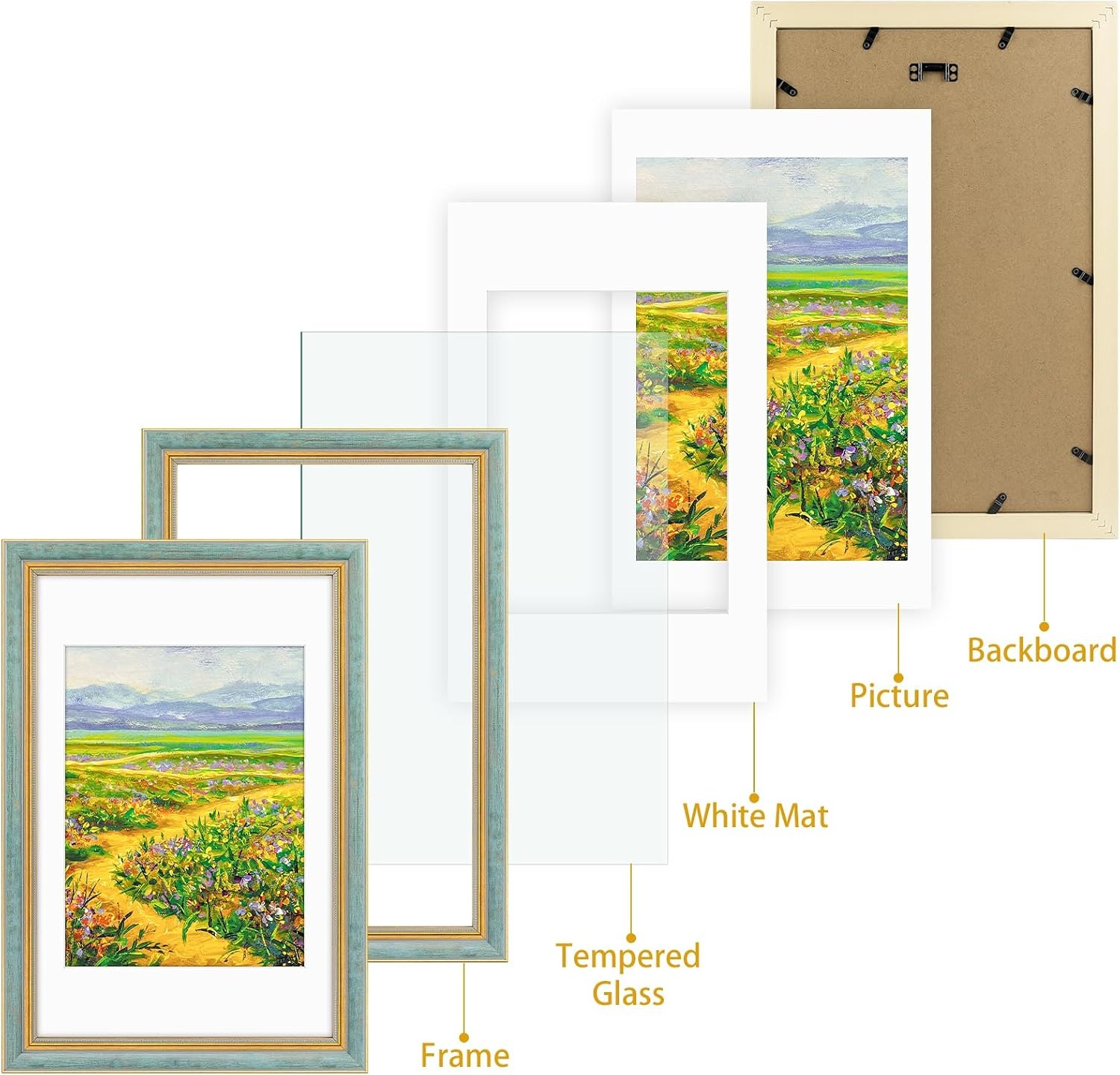 image:imageGolden State Art8x10 Ornate Picture Frame Holds 5x7 PhotoVintage Gold  Includes easel backreal glass frontwhite matbuildin hangers8x10 Decorative photo frame matted to 5x7Desktopwall mountDistressed Blue Gold