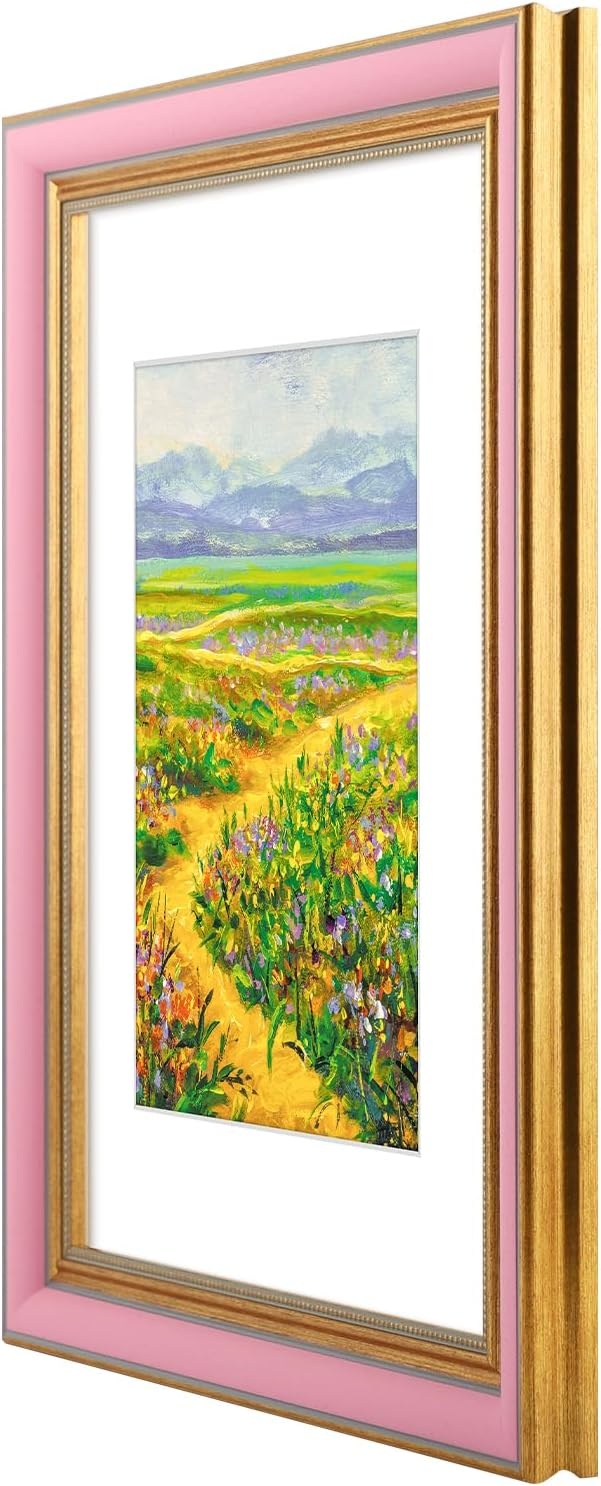 image:imageGolden State Art8x10 Ornate Picture Frame Holds 5x7 PhotoVintage Gold  Includes easel backreal glass frontwhite matbuildin hangers8x10 Decorative photo frame matted to 5x7Desktopwall mountPink Gold