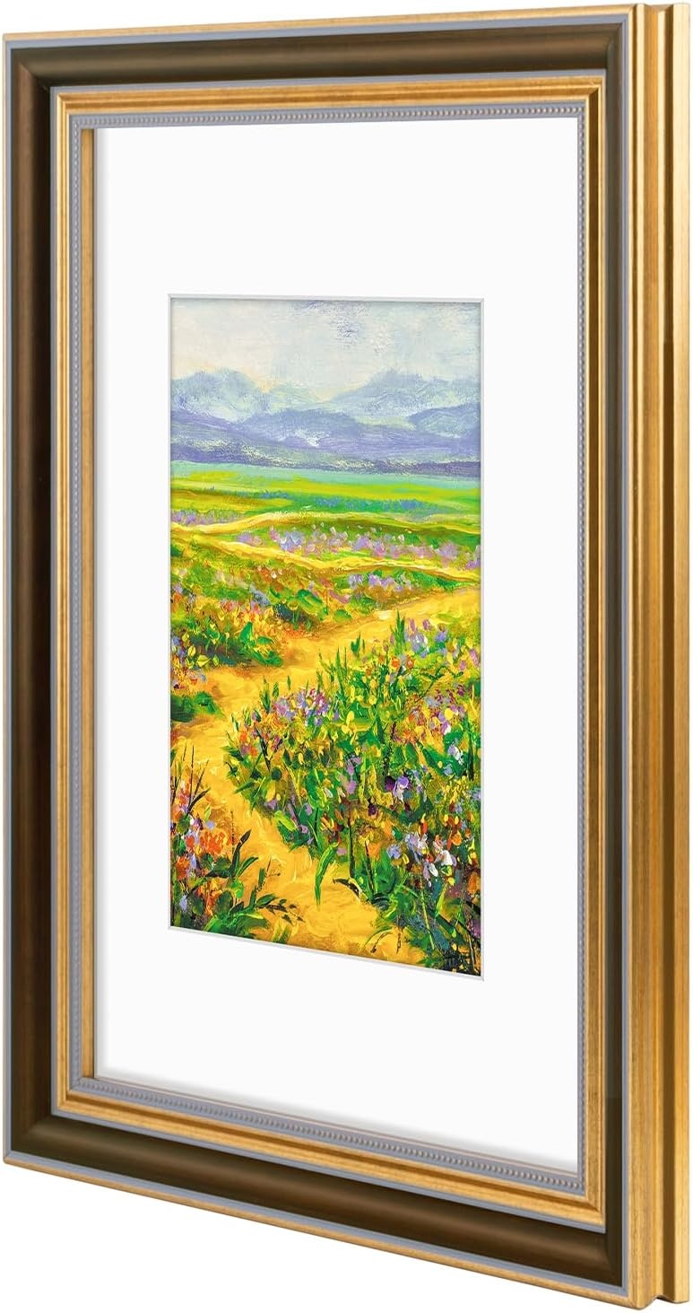 image:imageGolden State Art8x10 Ornate Picture Frame Holds 5x7 PhotoVintage Gold  Includes easel backreal glass frontwhite matbuildin hangers8x10 Decorative photo frame matted to 5x7Desktopwall mountBrown Gold