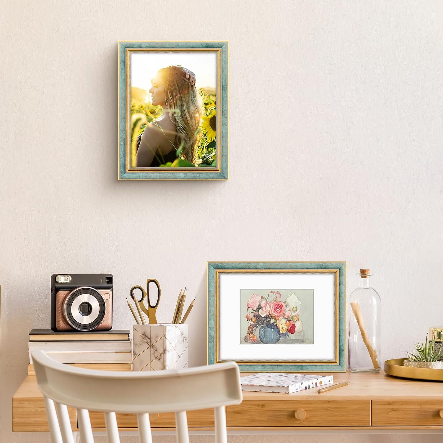 image:imageGolden State Art8x10 Ornate Picture Frame Holds 5x7 PhotoVintage Gold  Includes easel backreal glass frontwhite matbuildin hangers8x10 Decorative photo frame matted to 5x7Desktopwall mountDistressed Blue Gold