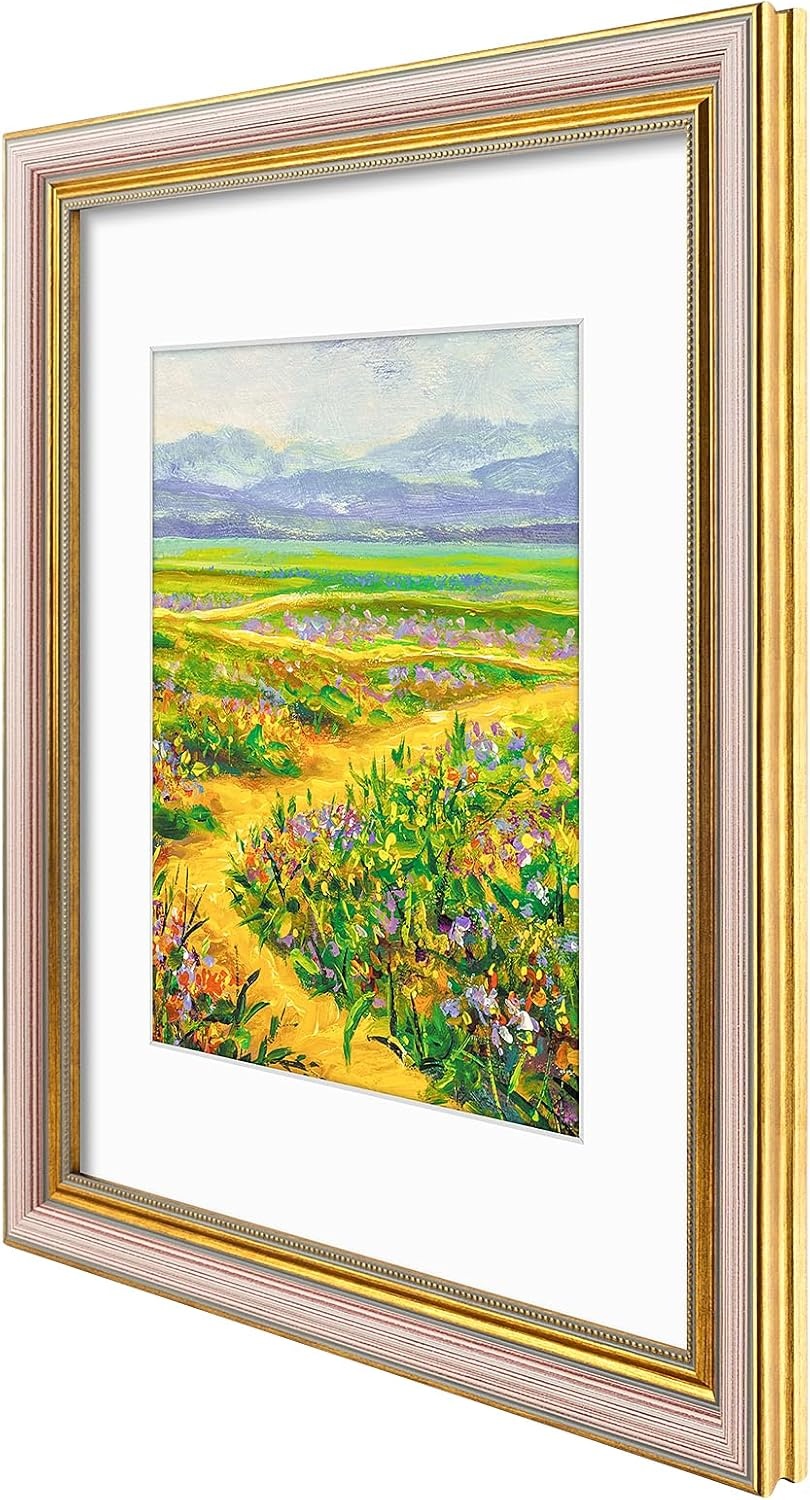 image:imageGolden State Art8x10 Ornate Picture Frame Holds 5x7 PhotoVintage Gold  Includes easel backreal glass frontwhite matbuildin hangers8x10 Decorative photo frame matted to 5x7Desktopwall mountPurple Gold