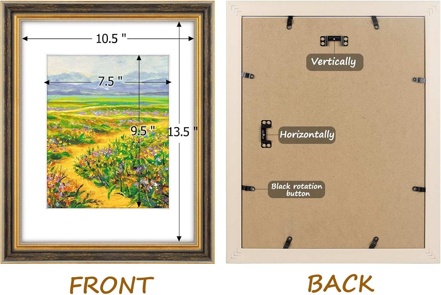 image:imageGolden State Art8x10 Ornate Picture Frame Holds 5x7 PhotoVintage Gold  Includes easel backreal glass frontwhite matbuildin hangers8x10 Decorative photo frame matted to 5x7Desktopwall mountBlack Gold