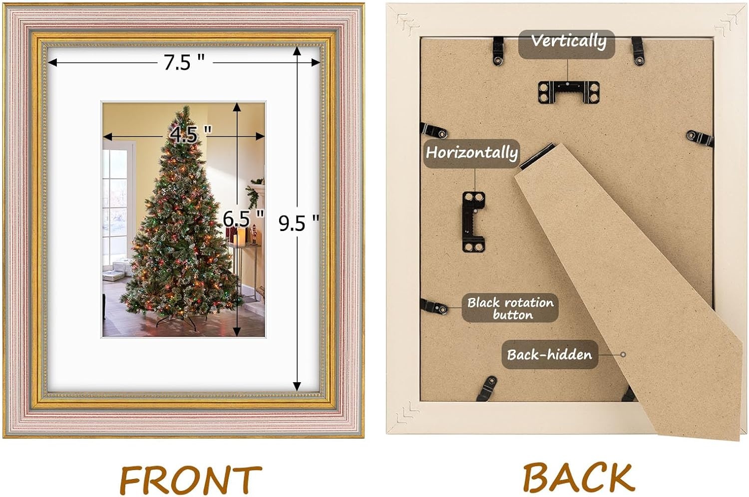 image:imageGolden State Art8x10 Ornate Picture Frame Holds 5x7 PhotoVintage Gold  Includes easel backreal glass frontwhite matbuildin hangers8x10 Decorative photo frame matted to 5x7Desktopwall mountPurple Gold