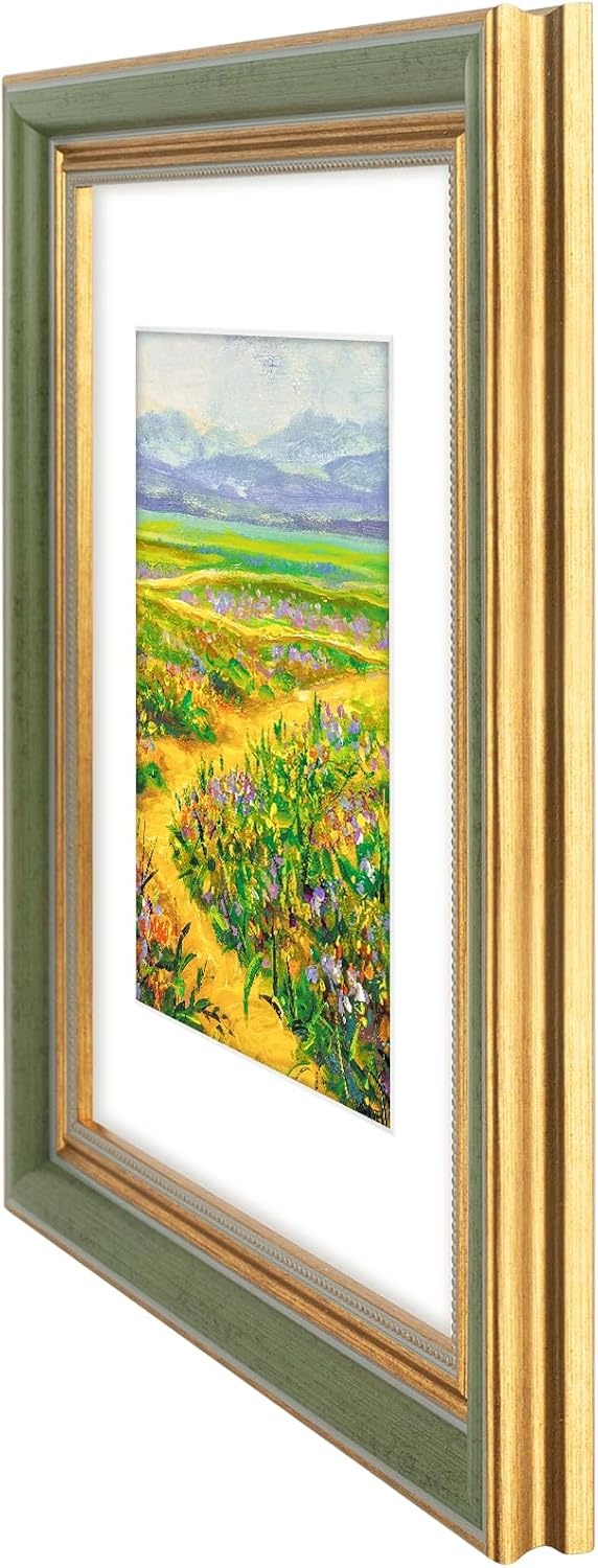 image:imageGolden State Art8x10 Ornate Picture Frame Holds 5x7 PhotoVintage Gold  Includes easel backreal glass frontwhite matbuildin hangers8x10 Decorative photo frame matted to 5x7Desktopwall mountGreen Gold