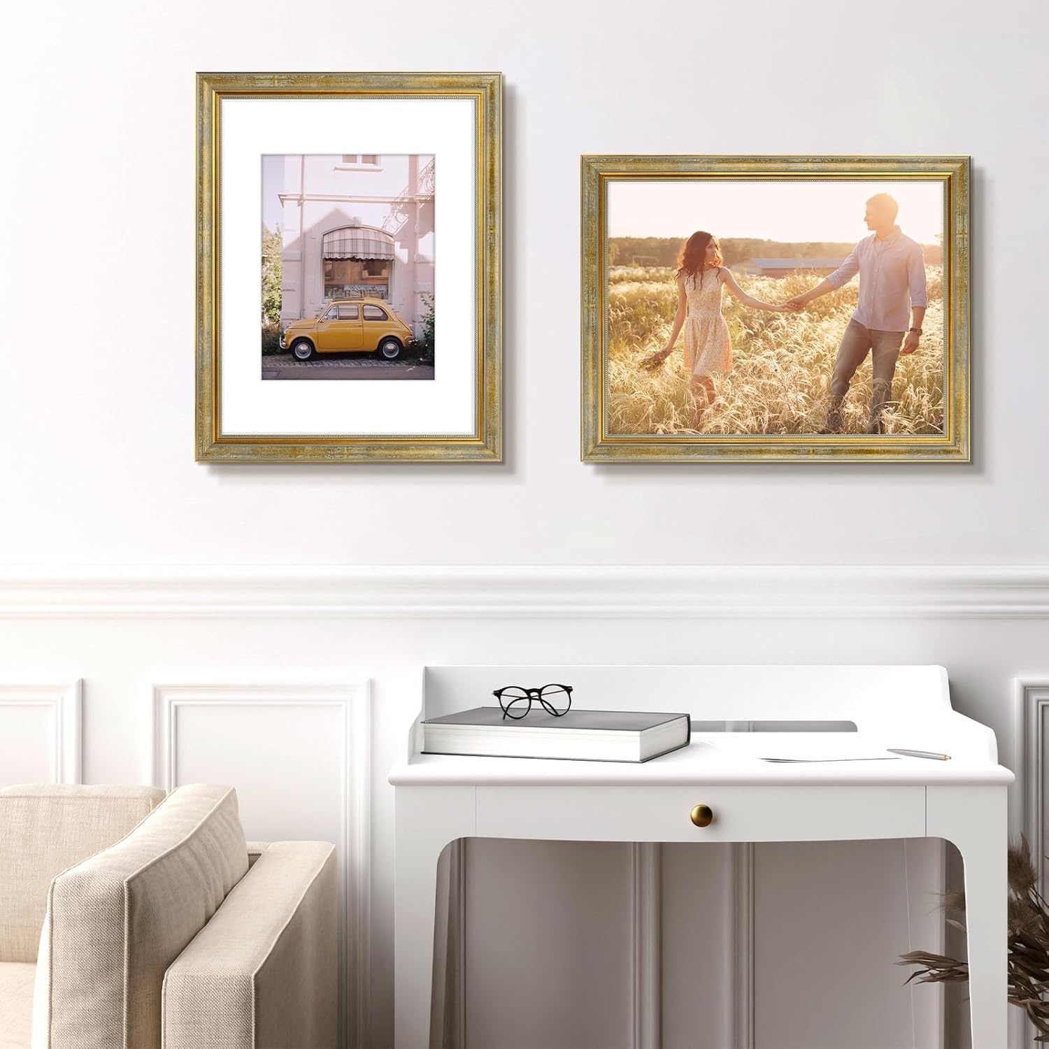 image:imageGolden State Art8x10 Ornate Picture Frame Holds 5x7 PhotoVintage Gold  Includes easel backreal glass frontwhite matbuildin hangers8x10 Decorative photo frame matted to 5x7Desktopwall mountVintage Gold