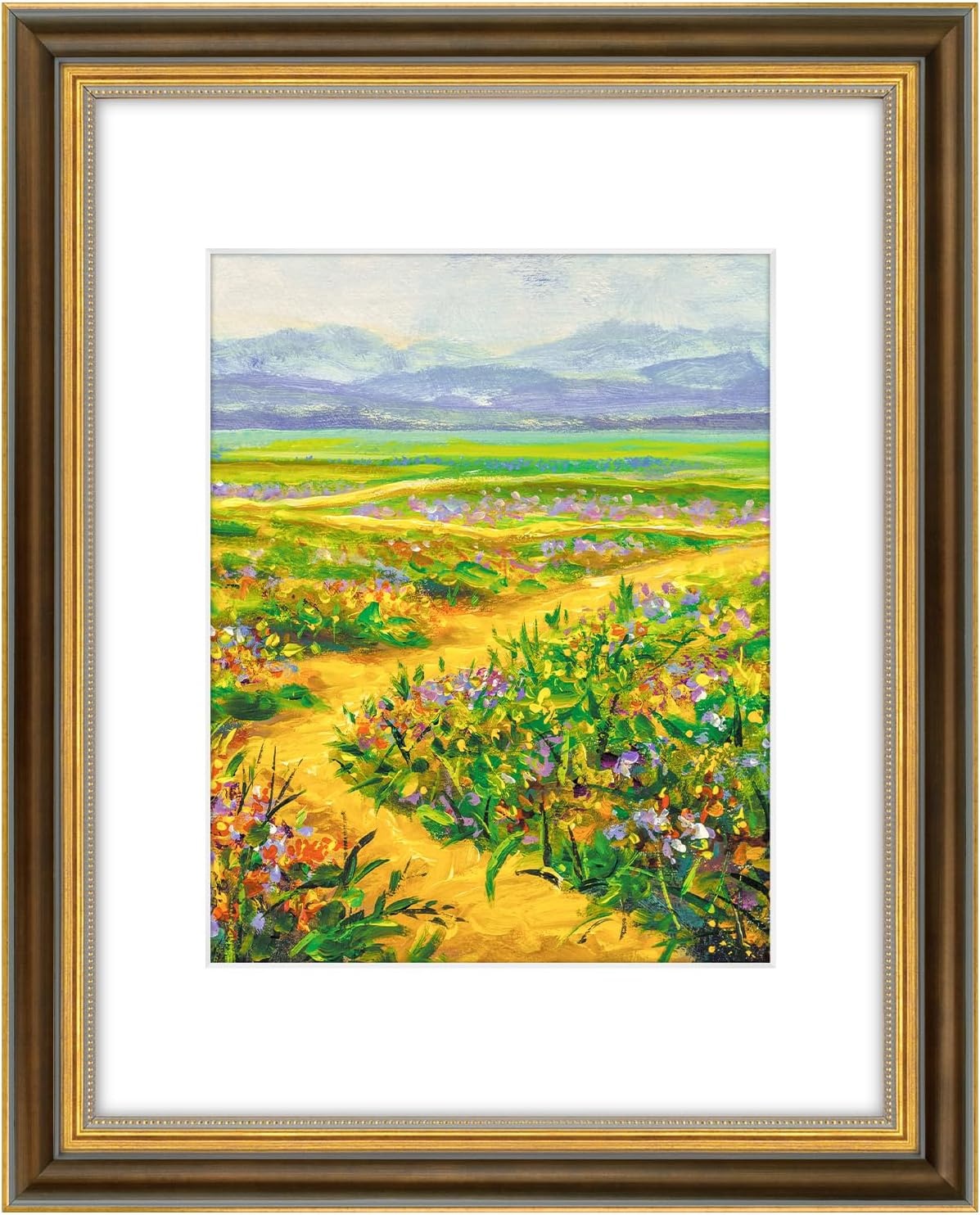 image:imageGolden State Art8x10 Ornate Picture Frame Holds 5x7 PhotoVintage Gold  Includes easel backreal glass frontwhite matbuildin hangers8x10 Decorative photo frame matted to 5x7Desktopwall mountBrown Gold