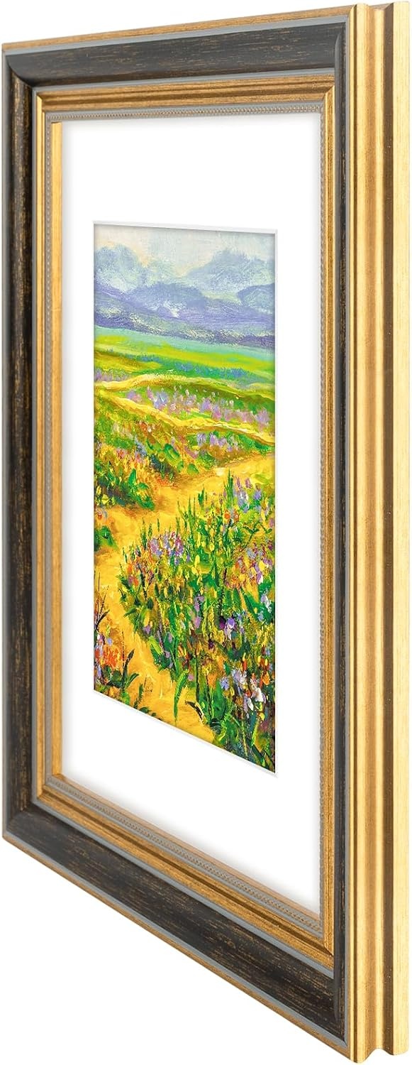 image:imageGolden State Art8x10 Ornate Picture Frame Holds 5x7 PhotoVintage Gold  Includes easel backreal glass frontwhite matbuildin hangers8x10 Decorative photo frame matted to 5x7Desktopwall mountBlack Gold
