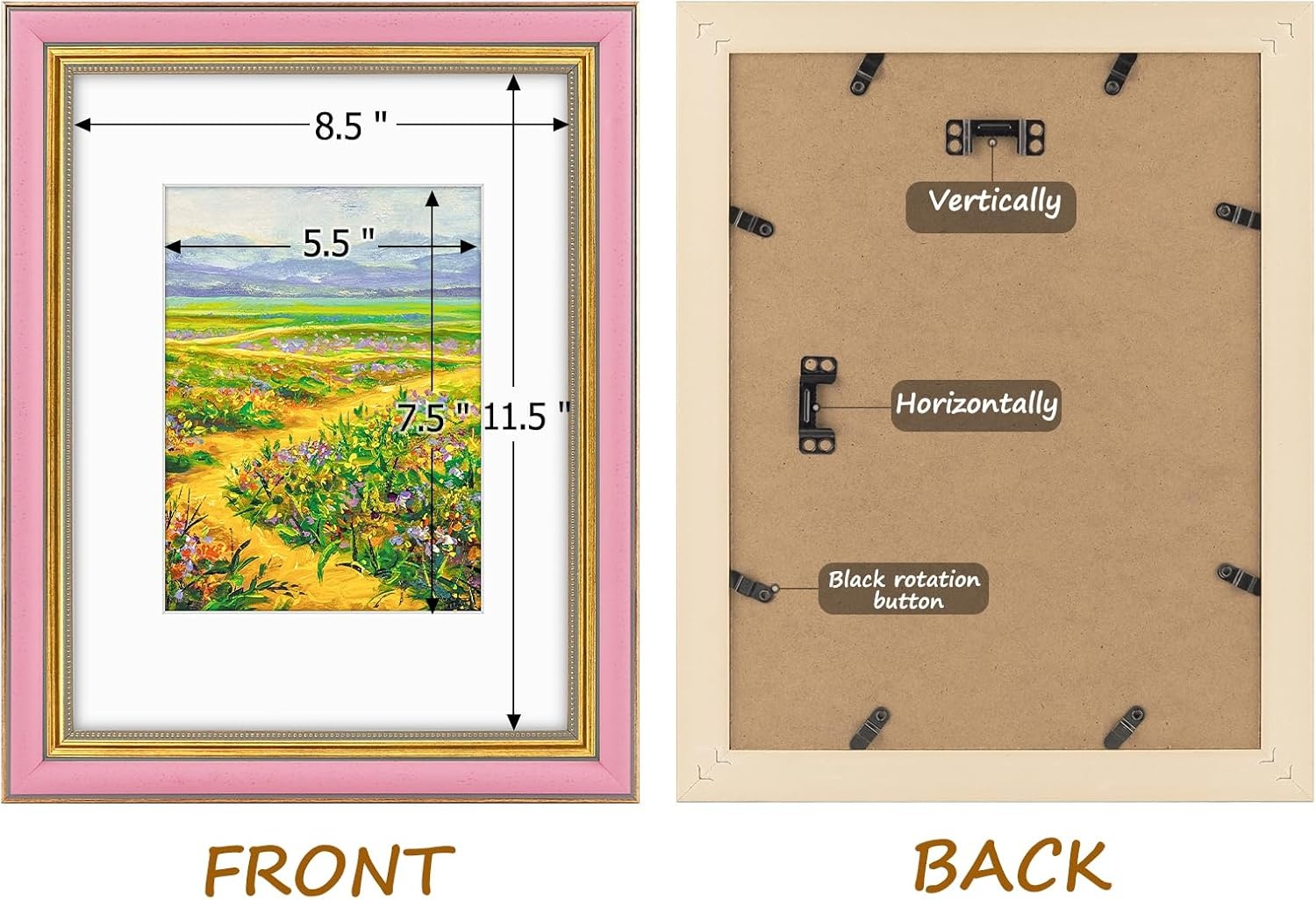 image:imageGolden State Art8x10 Ornate Picture Frame Holds 5x7 PhotoVintage Gold  Includes easel backreal glass frontwhite matbuildin hangers8x10 Decorative photo frame matted to 5x7Desktopwall mountPink Gold