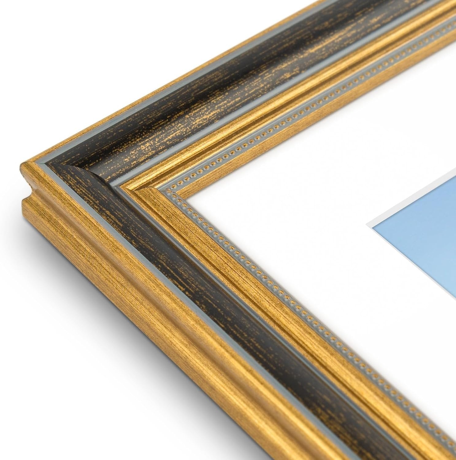 image:imageGolden State Art8x10 Ornate Picture Frame Holds 5x7 PhotoVintage Gold  Includes easel backreal glass frontwhite matbuildin hangers8x10 Decorative photo frame matted to 5x7Desktopwall mountBlack Gold