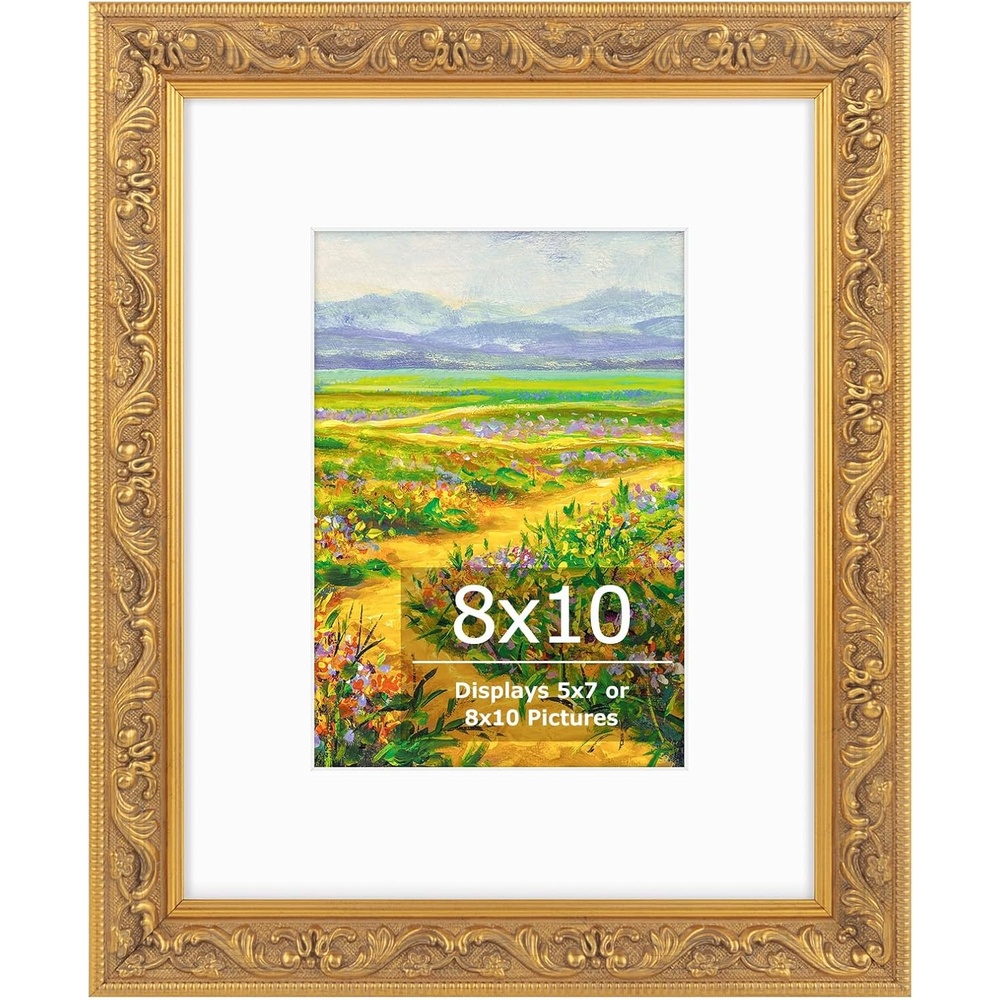 image:imageGolden State Art8x10 Ornate Picture Frame Holds 5x7 PhotoVintage Gold  Includes easel backreal glass frontwhite mat8x10 Decorative photo frame matted to 5x7Desktopwall mountEmbossed designVintage Gold