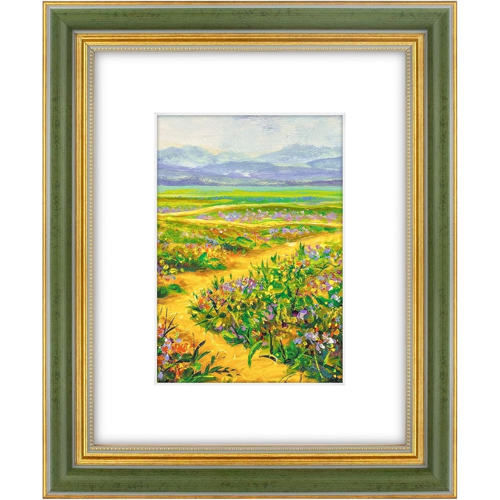 image:imageGolden State Art8x10 Ornate Picture Frame Holds 5x7 PhotoVintage Gold  Includes easel backreal glass frontwhite matbuildin hangers8x10 Decorative photo frame matted to 5x7Desktopwall mountGreen Gold