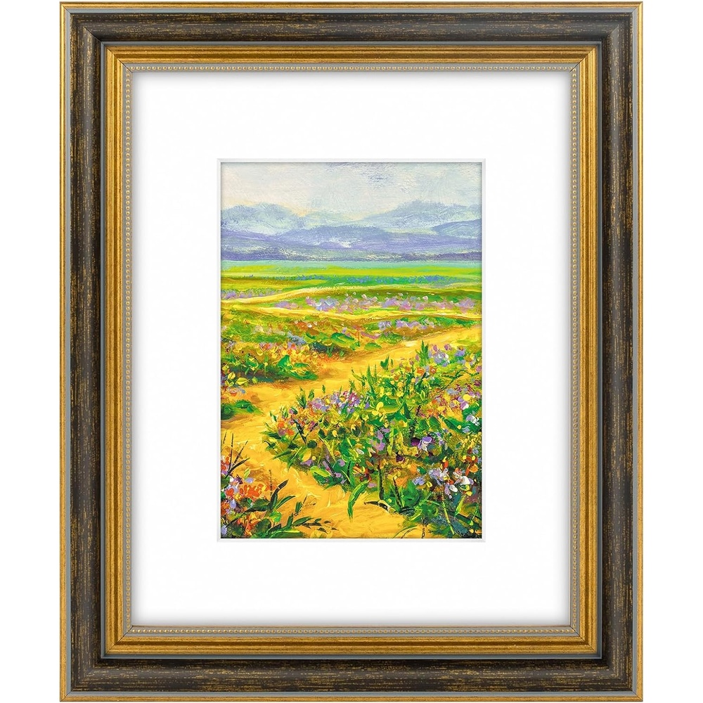 image:imageGolden State Art8x10 Ornate Picture Frame Holds 5x7 PhotoVintage Gold  Includes easel backreal glass frontwhite matbuildin hangers8x10 Decorative photo frame matted to 5x7Desktopwall mountBlack Gold