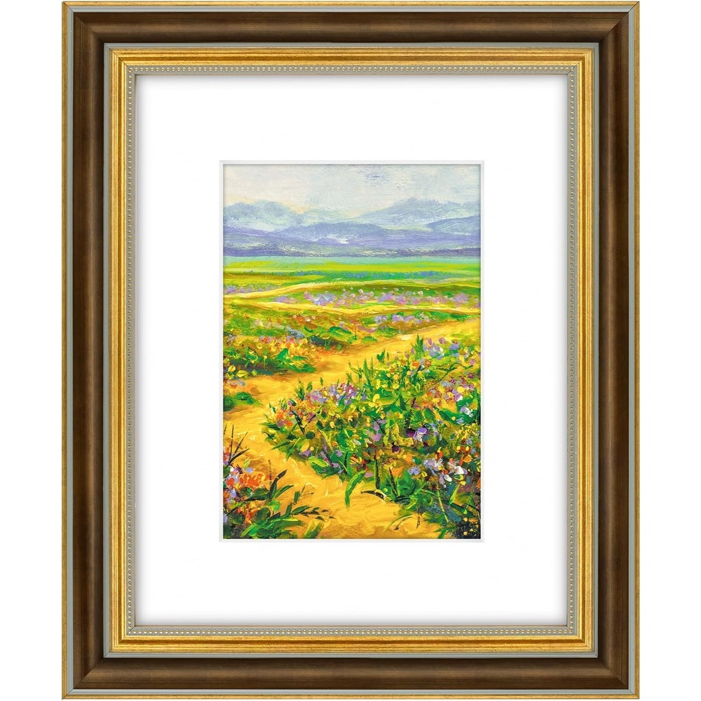 image:imageGolden State Art8x10 Ornate Picture Frame Holds 5x7 PhotoVintage Gold  Includes easel backreal glass frontwhite matbuildin hangers8x10 Decorative photo frame matted to 5x7Desktopwall mountBrown Gold