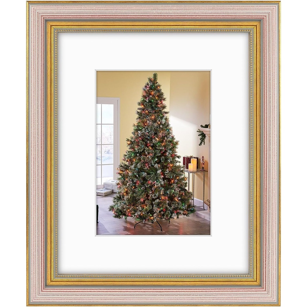 image:imageGolden State Art8x10 Ornate Picture Frame Holds 5x7 PhotoVintage Gold  Includes easel backreal glass frontwhite matbuildin hangers8x10 Decorative photo frame matted to 5x7Desktopwall mountPurple Gold
