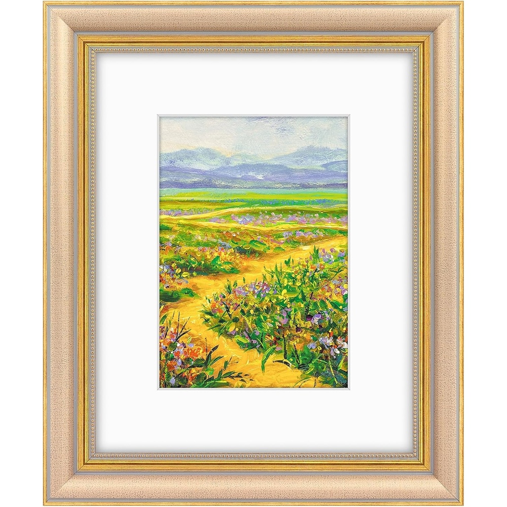 image:imageGolden State Art8x10 Ornate Picture Frame Holds 5x7 PhotoVintage Gold  Includes easel backreal glass frontwhite matbuildin hangers8x10 Decorative photo frame matted to 5x7Desktopwall mountChampagne Gold