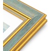 image:imageGolden State Art8x10 Ornate Picture Frame Holds 5x7 PhotoVintage Gold  Includes easel backreal glass frontwhite matbuildin hangers8x10 Decorative photo frame matted to 5x7Desktopwall mountDistressed Blue Gold