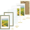 image:imageGolden State Art8x10 Ornate Picture Frame Holds 5x7 PhotoVintage Gold  Includes easel backreal glass frontwhite matbuildin hangers8x10 Decorative photo frame matted to 5x7Desktopwall mountDistressed Blue Gold