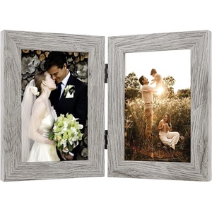 image:imageGolden State Art 5x7 Double Frame Distressed White 1 Pack  High Definition Glass 2 Hinged Photo Frame for Desktop Decorative Folding Family Frames CollageLight Gray