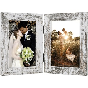 image:imageGolden State Art 5x7 Double Frame Distressed White 1 Pack  High Definition Glass 2 Hinged Photo Frame for Desktop Decorative Folding Family Frames CollageWeathered White