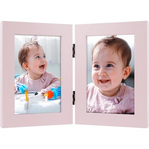 image:imageGolden State Art 5x7 Double Frame Distressed White 1 Pack  High Definition Glass 2 Hinged Photo Frame for Desktop Decorative Folding Family Frames CollagePink