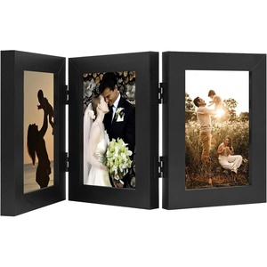 image:imageGolden State Art 5x7 Triple Picture Frame Light Grey Real Glass 1 Pack  Trifold Photo Frame Vertical Display for Desktop  Three Folding Picture CollageBlack
