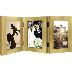 image:imageGolden State Art 5x7 Triple Picture Frame Light Grey Real Glass 1 Pack  Trifold Photo Frame Vertical Display for Desktop  Three Folding Picture CollageGold