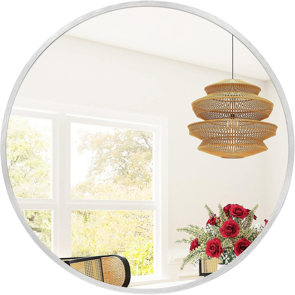 image:imageGolden State Art 20 Silver Round Mirror Circle Wall Mirror for Bathroom Living Room Bedroom Decor Vanity and More Decorative Aluminum Circular Mirrors