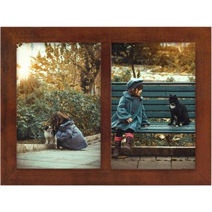 image:imageGolden State Art 4x6 Double Picture Frame Displays Two 4x6 Photos Brown  Solid Wood  Real Glass For Tabletop Or Wall Mounting Brown 1 PackBrown